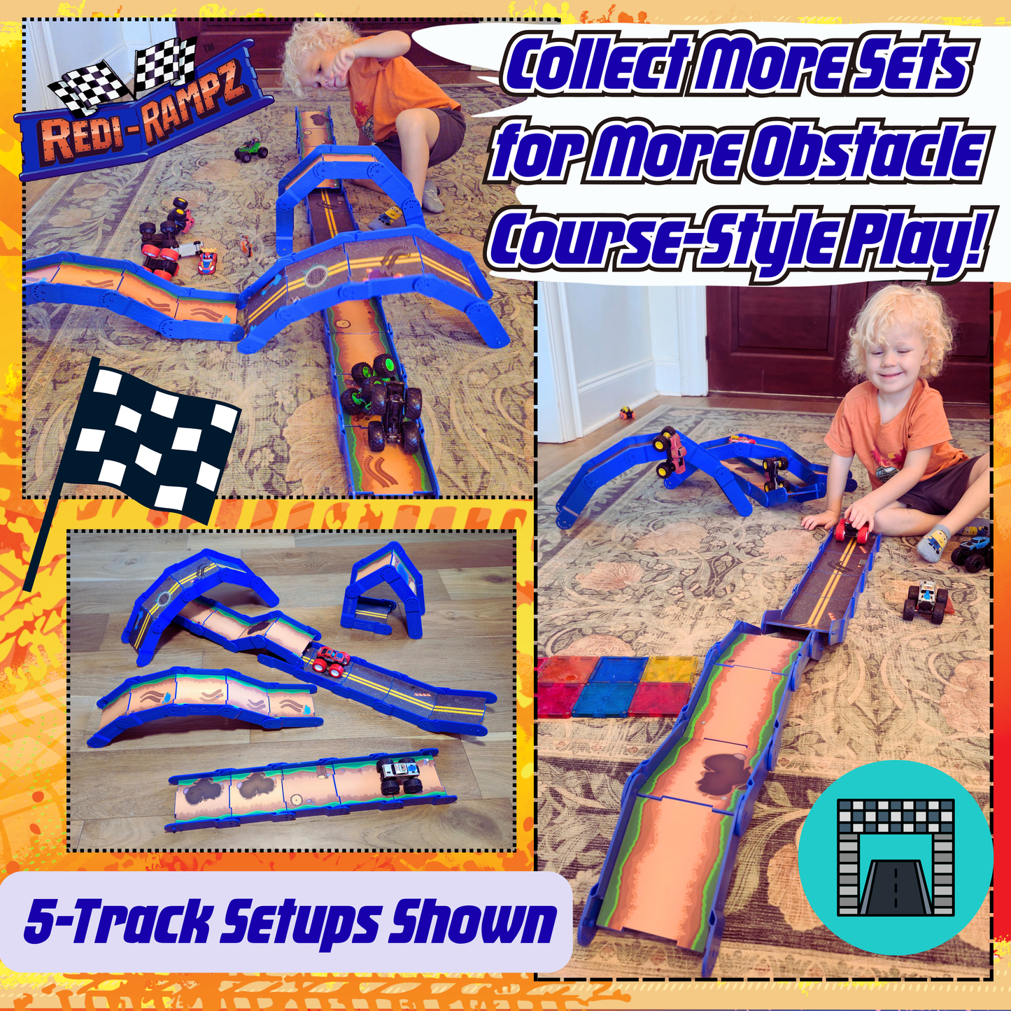 Redi-Rampz: STEM Ramp Builder Set – 10 Modular Track Pieces with Adjustable Angles + 2 Monster Trucks | Build Custom Ramps, Bridges & Jumps (Ages 4-8, No Batteries, Fits 1:64 Vehicles)