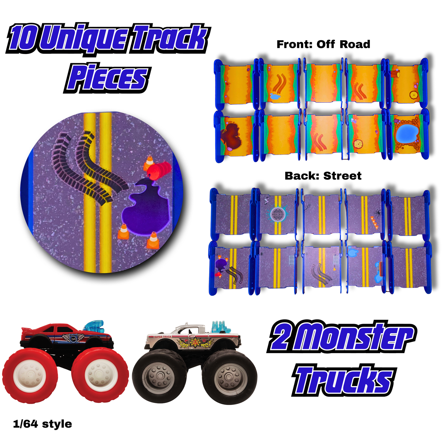 Redi-Rampz: STEM Ramp Builder Set – 10 Modular Track Pieces with Adjustable Angles + 2 Monster Trucks | Build Custom Ramps, Bridges & Jumps (Ages 4-8, No Batteries, Fits 1:64 Vehicles)