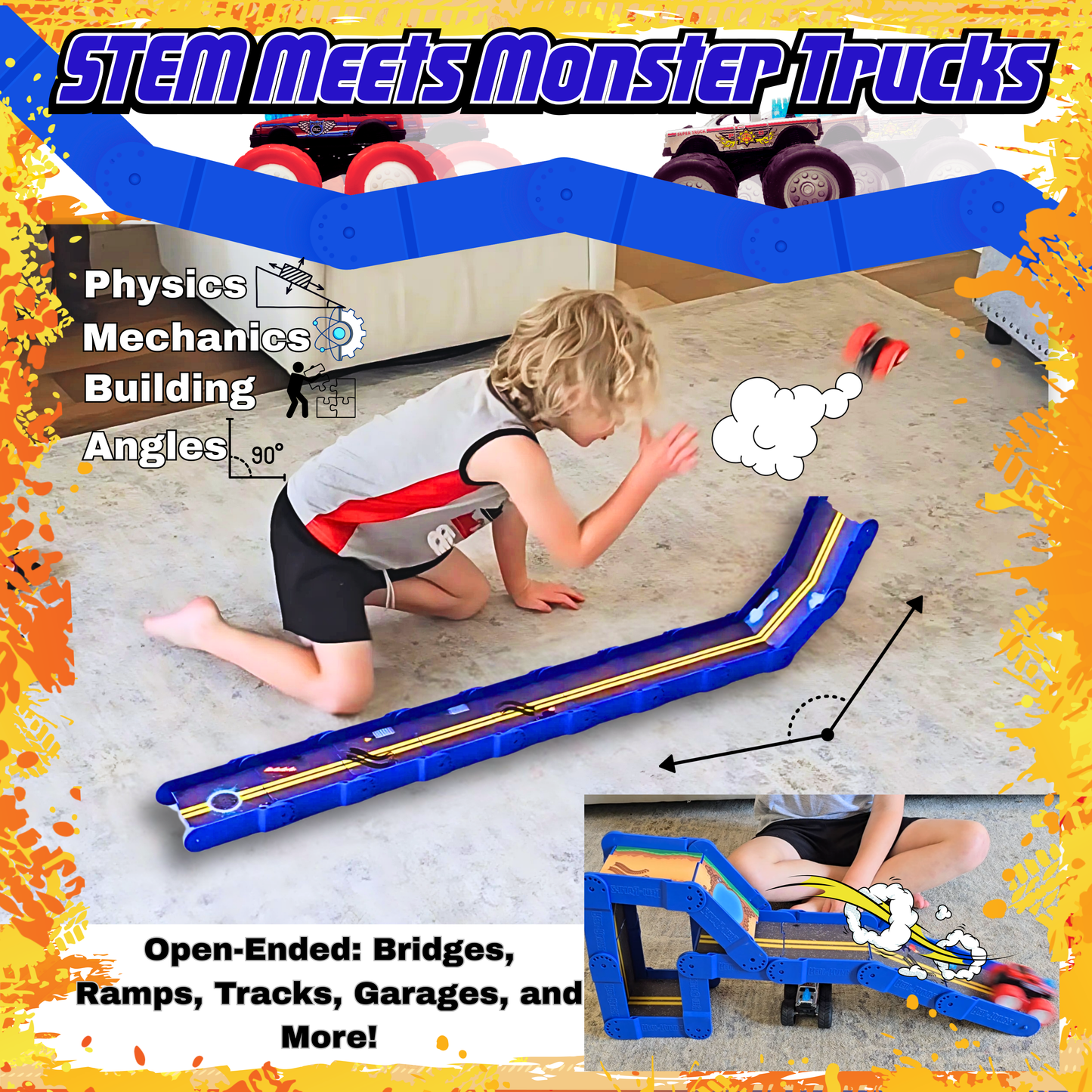Redi-Rampz: STEM Ramp Builder Set – 10 Modular Track Pieces with Adjustable Angles + 2 Monster Trucks | Build Custom Ramps, Bridges & Jumps (Ages 4-8, No Batteries, Fits 1:64 Vehicles)