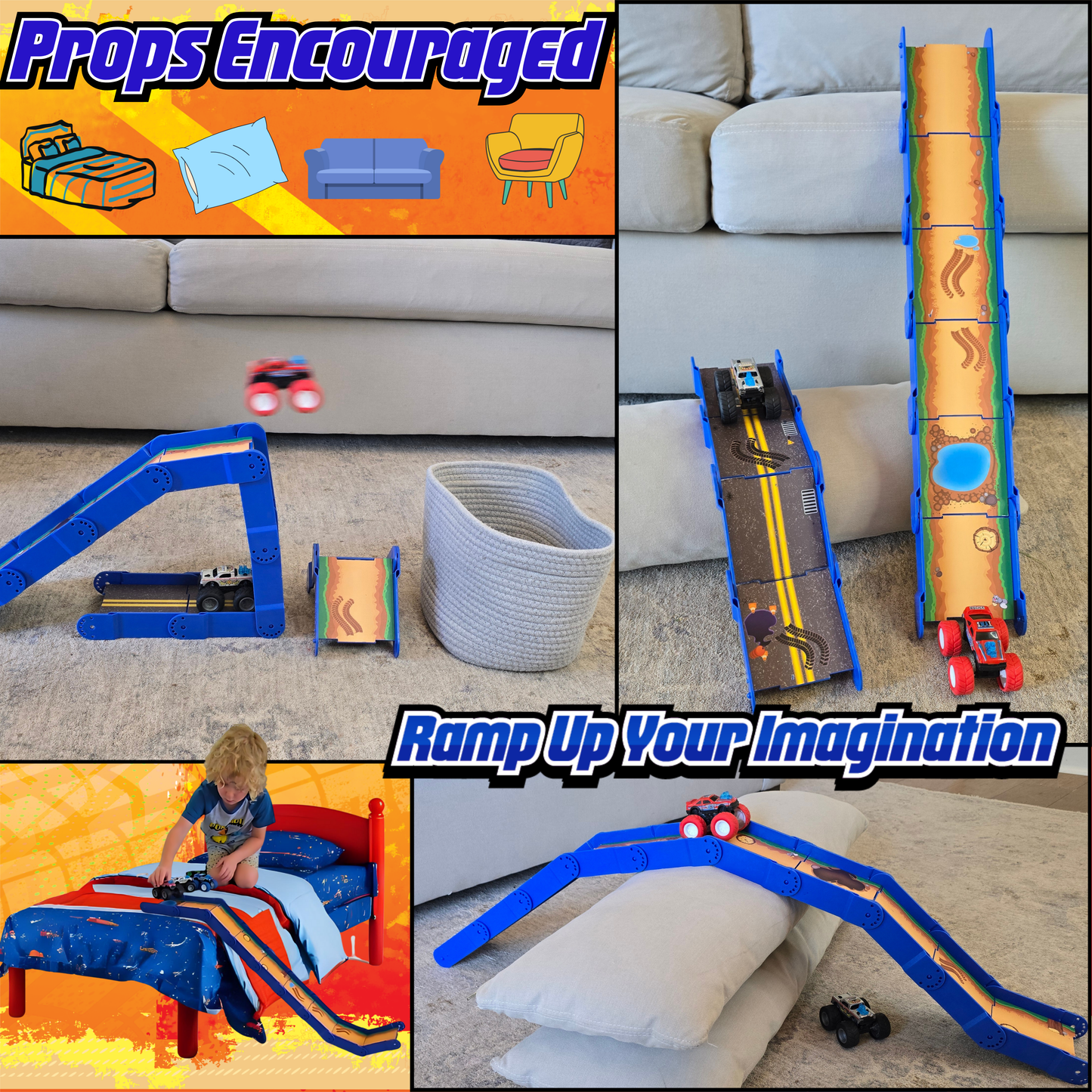 Redi-Rampz: STEM Ramp Builder Set – 10 Modular Track Pieces with Adjustable Angles + 2 Monster Trucks | Build Custom Ramps, Bridges & Jumps (Ages 4-8, No Batteries, Fits 1:64 Vehicles)