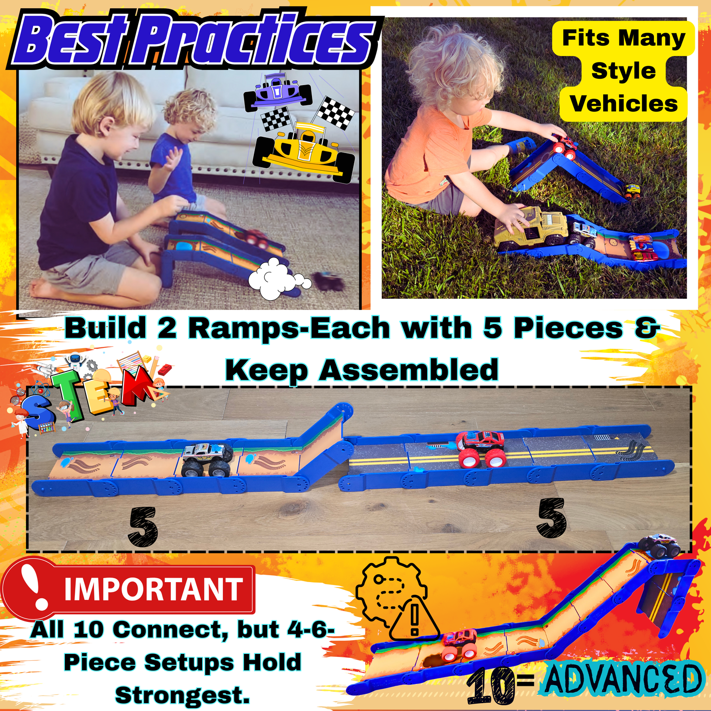 Redi-Rampz: STEM Ramp Builder Set – 10 Modular Track Pieces with Adjustable Angles + 2 Monster Trucks | Build Custom Ramps, Bridges & Jumps (Ages 4-8, No Batteries, Fits 1:64 Vehicles)