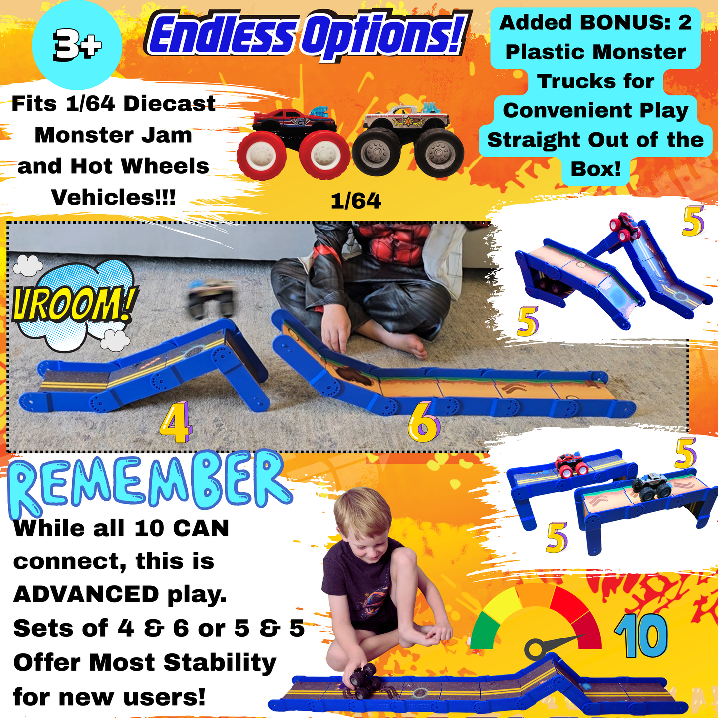 Redi-Rampz: STEM Ramp Builder Set – 10 Modular Track Pieces with Adjustable Angles + 2 Monster Trucks | Build Custom Ramps, Bridges & Jumps (Ages 4-8, No Batteries, Fits 1:64 Vehicles)