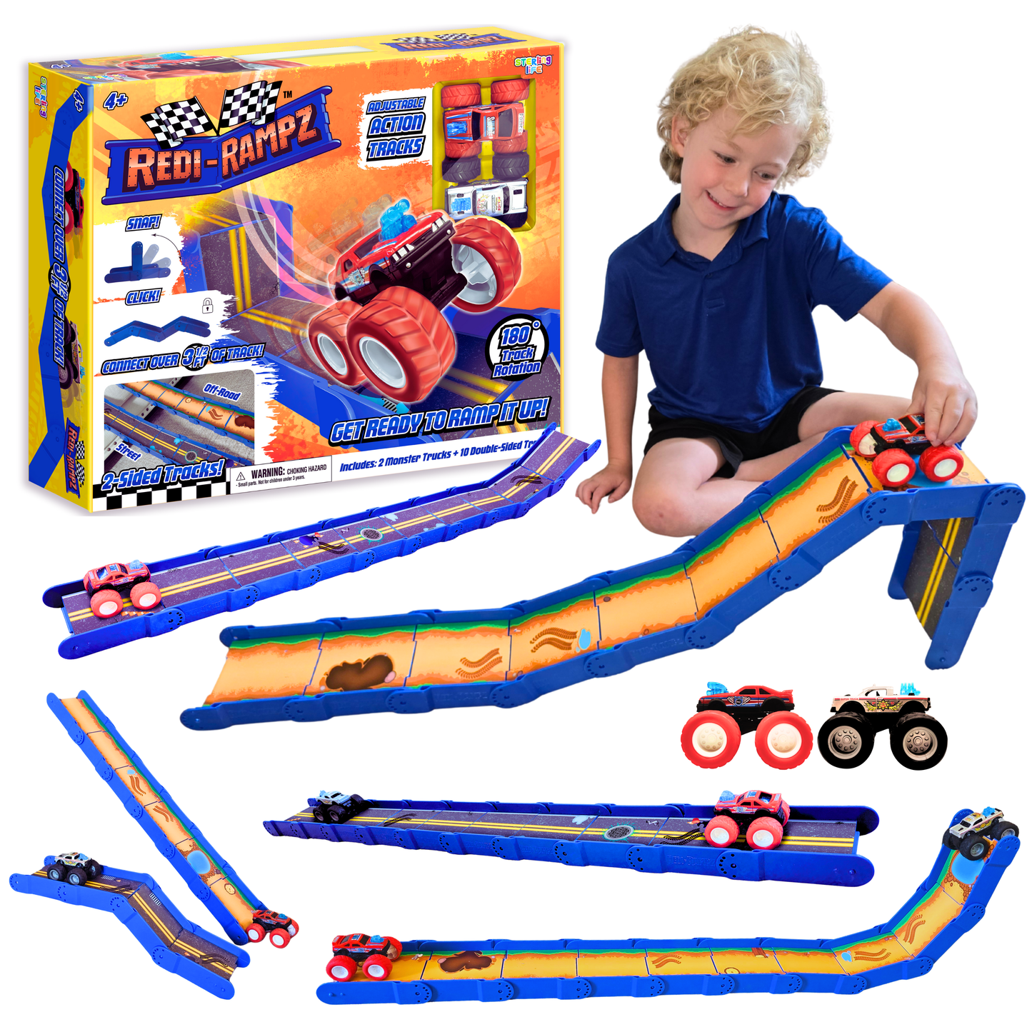Redi-Rampz: STEM Ramp Builder Set – 10 Modular Track Pieces with Adjustable Angles + 2 Monster Trucks | Build Custom Ramps, Bridges & Jumps (Ages 4-8, No Batteries, Fits 1:64 Vehicles)