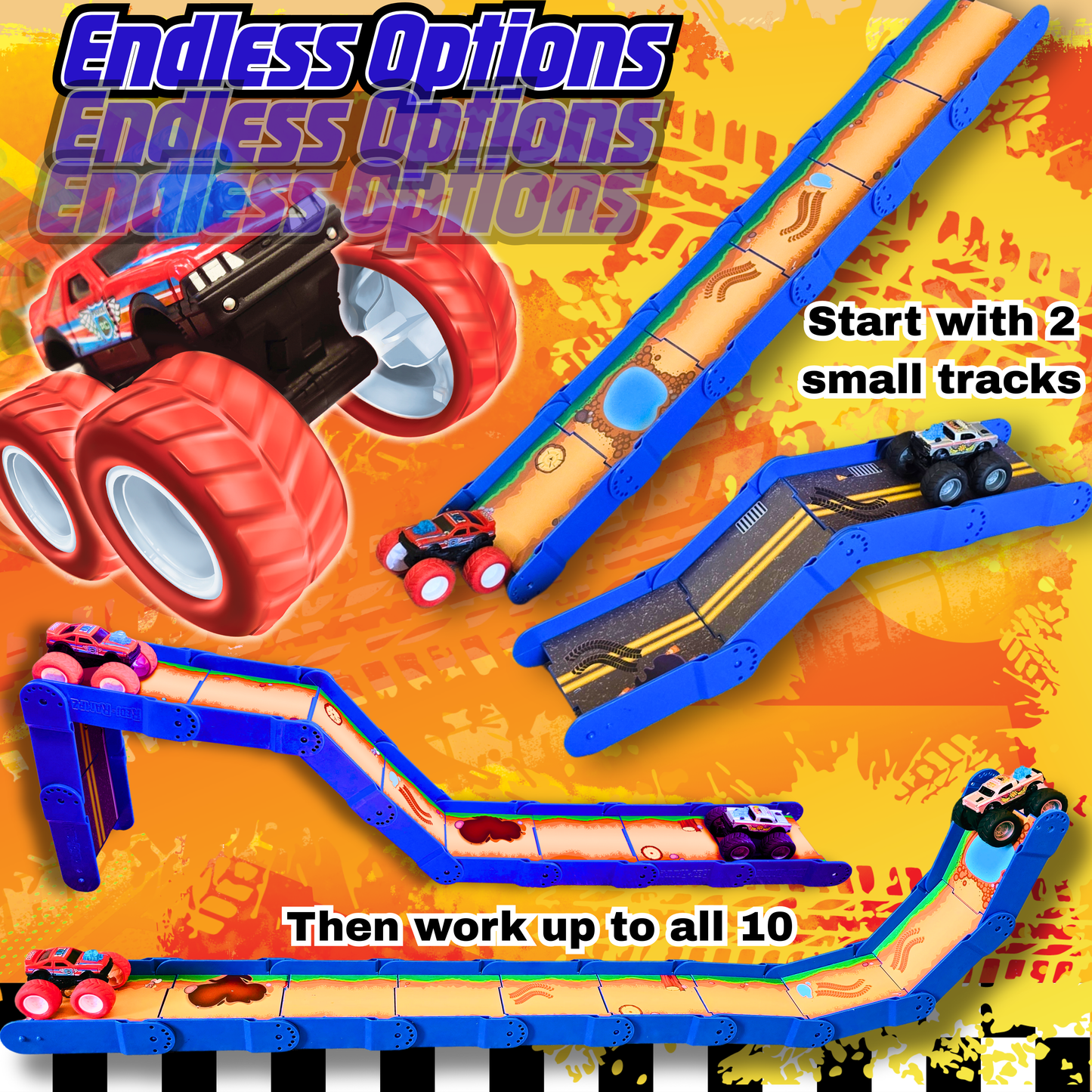 Redi-Rampz: STEM Ramp Builder Set – 10 Modular Track Pieces with Adjustable Angles + 2 Monster Trucks | Build Custom Ramps, Bridges & Jumps (Ages 4-8, No Batteries, Fits 1:64 Vehicles)