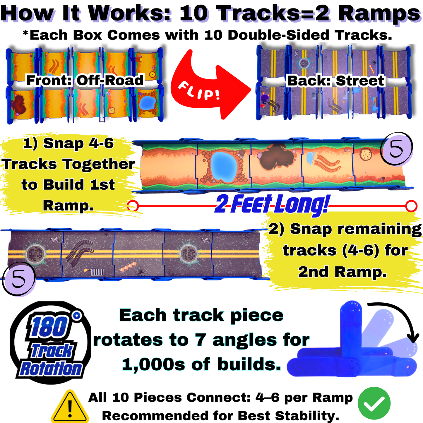 Redi-Rampz: STEM Ramp Builder Set – 10 Modular Track Pieces with Adjustable Angles + 2 Monster Trucks | Build Custom Ramps, Bridges & Jumps (Ages 4-8, No Batteries, Fits 1:64 Vehicles)