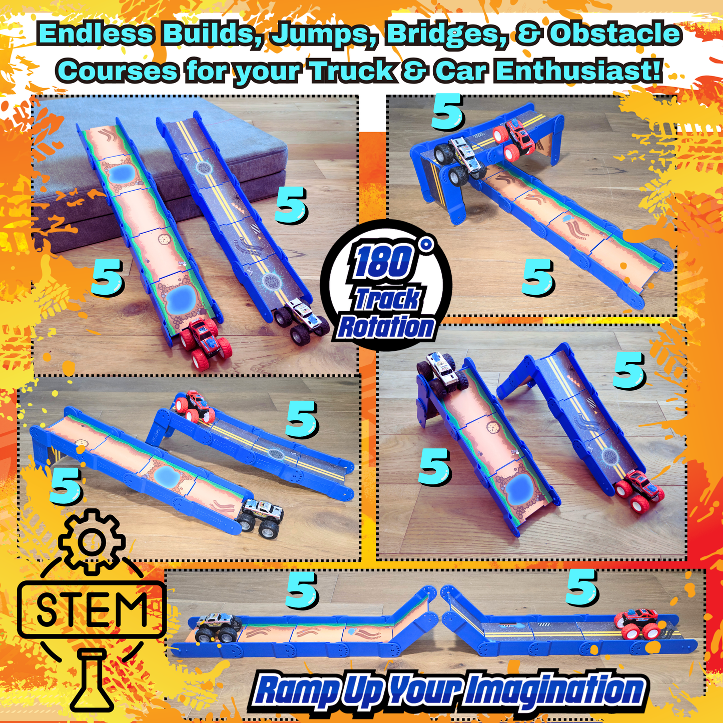 Redi-Rampz: STEM Ramp Builder Set – 10 Modular Track Pieces with Adjustable Angles + 2 Monster Trucks | Build Custom Ramps, Bridges & Jumps (Ages 4-8, No Batteries, Fits 1:64 Vehicles)