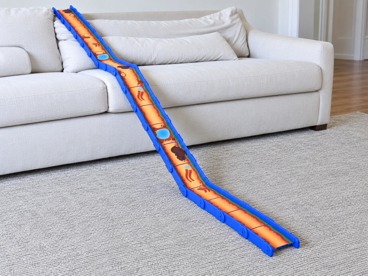 Two Redi-Rampz sets forming a long ramp from a white couch to a gray rug