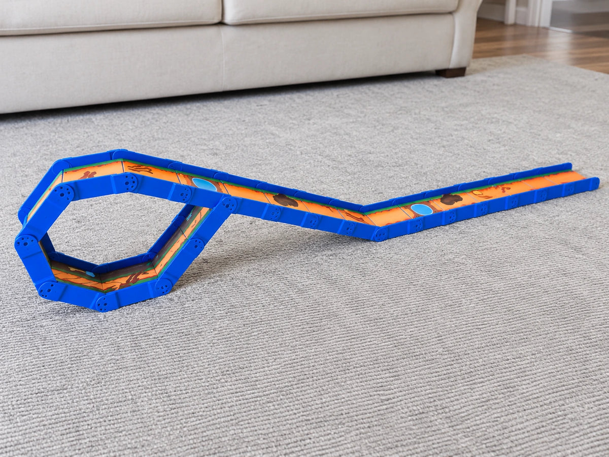 Redi-Rampz track folded underneath itself to support a low ramp on a gray rug